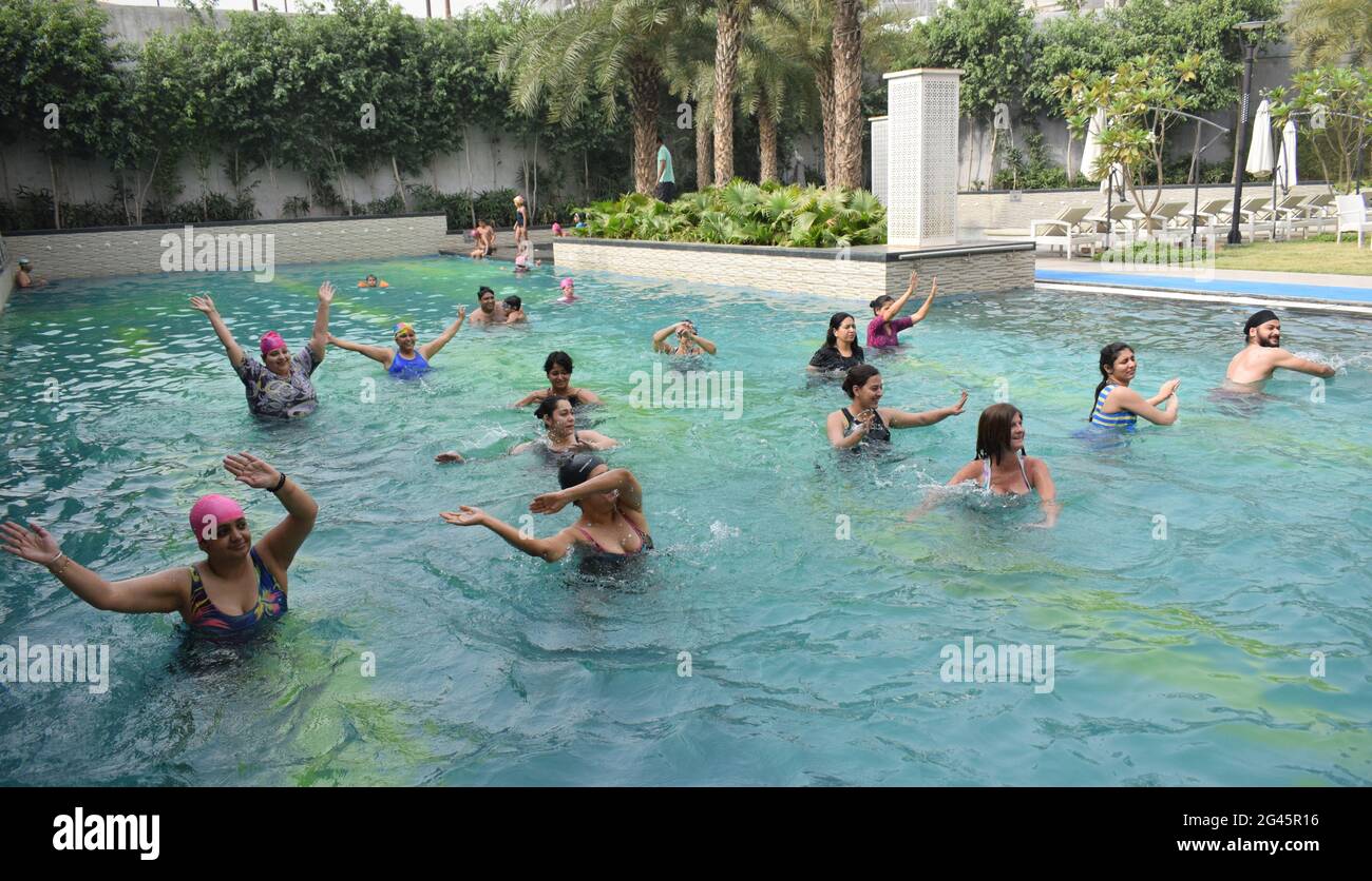 People Doing Aqua Yoga In Swimming Pool Will Be Participate Also On International Yoga Day Gurugram Haryana India 12 June 15 Stock Photo Alamy