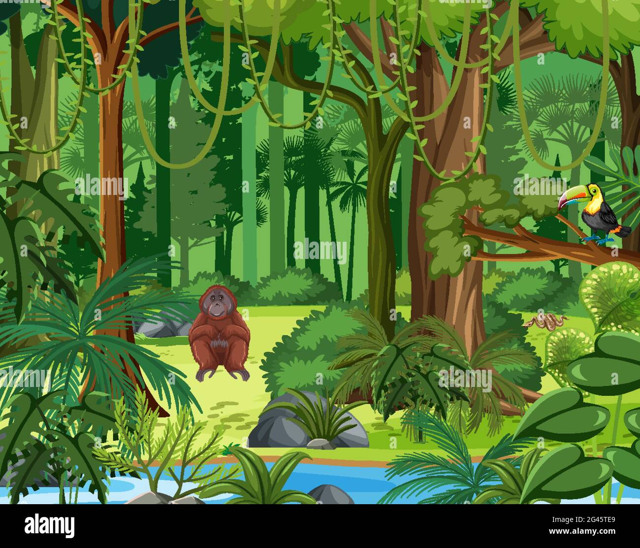 Forest scene with different wild animals illustration Stock Vector ...