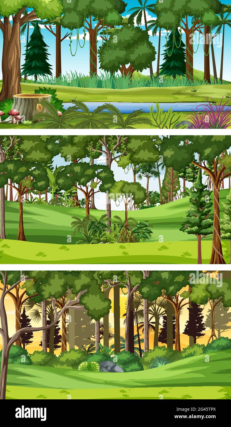Three different nature horizontal scenes illustration Stock Vector