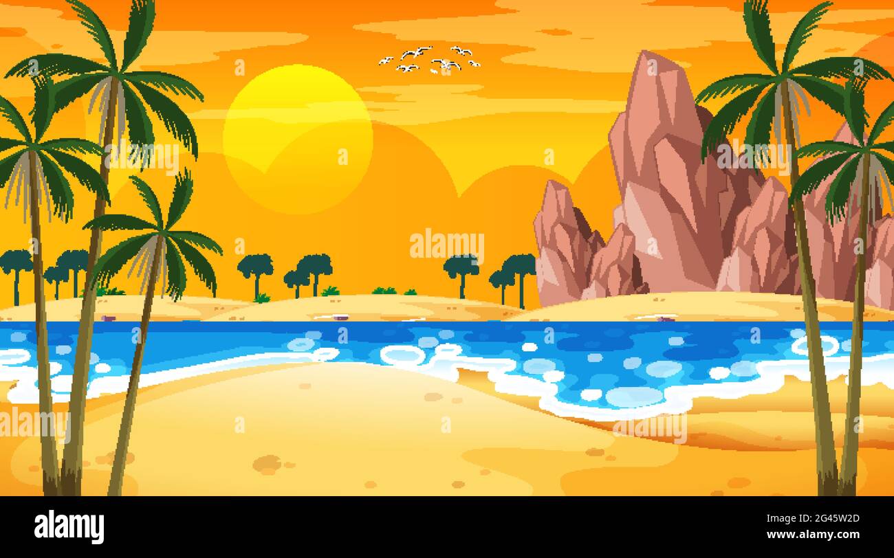 Tropical beach landscape scene at sunset time illustration Stock Vector ...