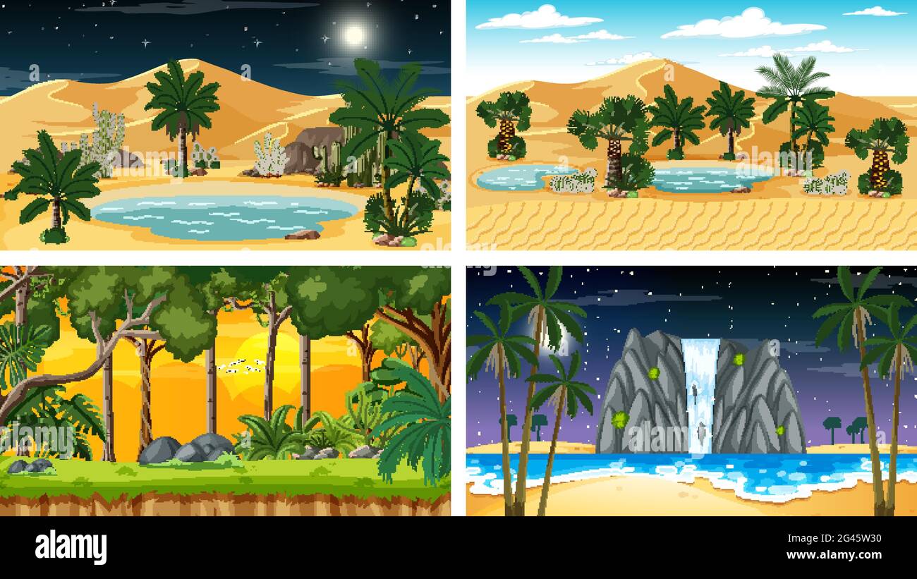 Four different nature horizontal scenes illustration Stock Vector