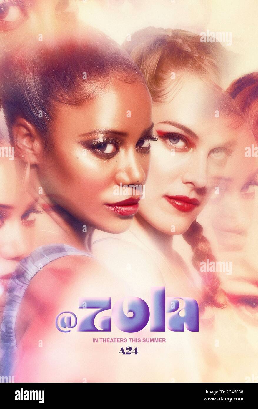 Zola (2020) directed by Janicza Bravo and starring Taylour Paige, Riley Keough and Colman Domingo. A stripper named Zola embarks on a wild road trip to Florida inspired by Detroit waitress A'Ziah 'Zola' King's popular Twitter feed. Stock Photo