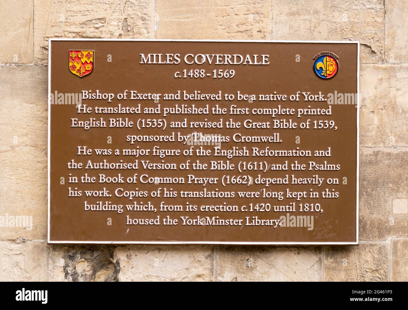 Plaque in memory of MIles Coverdale, Bishop of Exeter,  in York, Yorkshire, England, UK Stock Photo