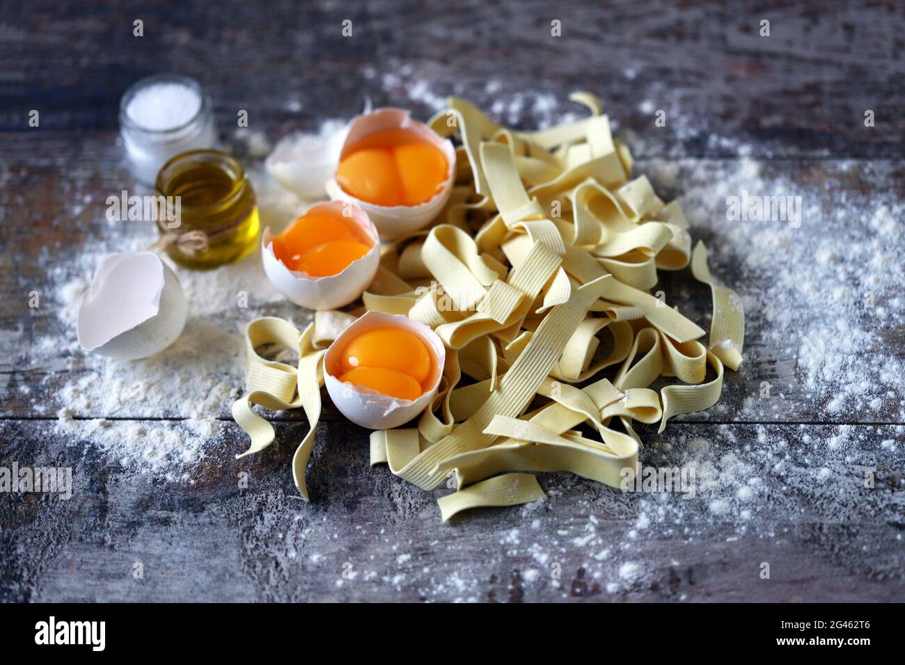 Egg noodles. Raw eggs. Flour Stock Photo Alamy