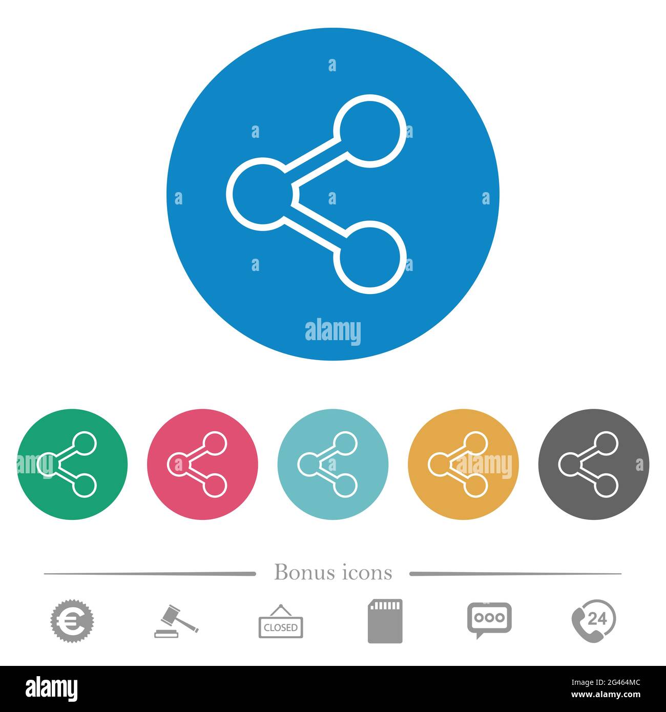 Share flat white icons on round color backgrounds. 6 bonus icons ...