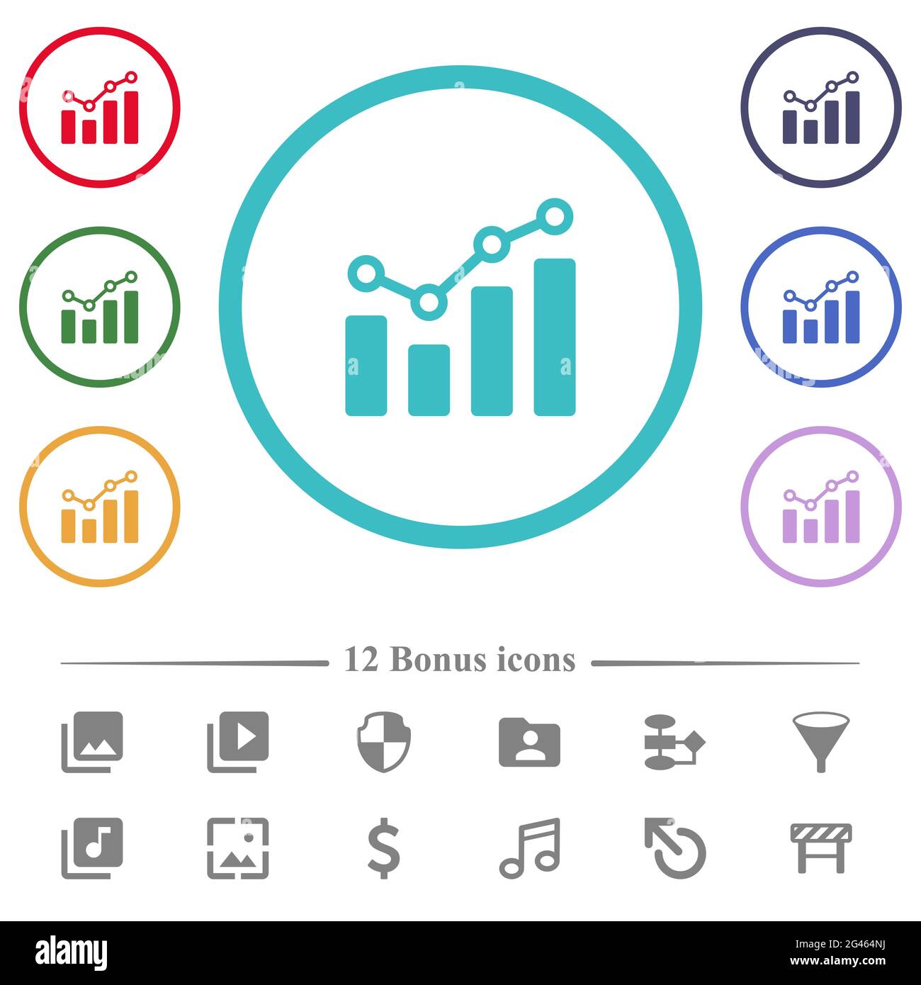 Bar graph with circles and lines flat color icons in circle shape