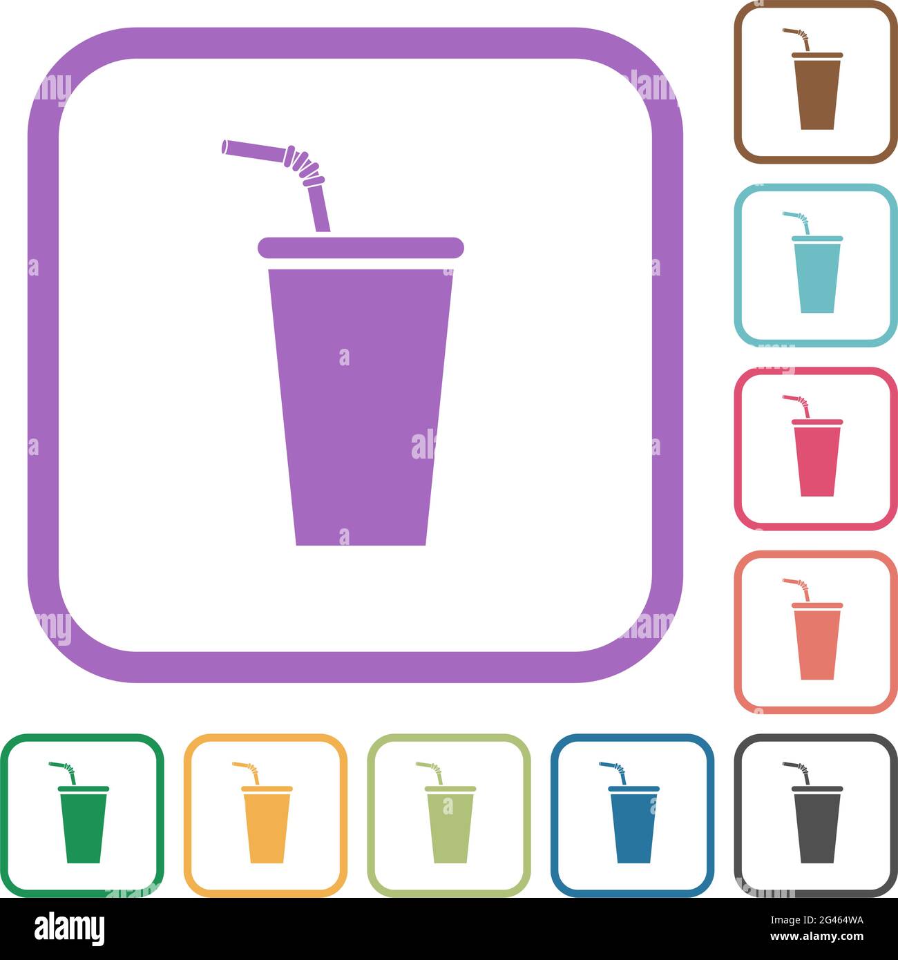 Disposable drinking cup with straw simple icons in color rounded square frames on white background Stock Vector