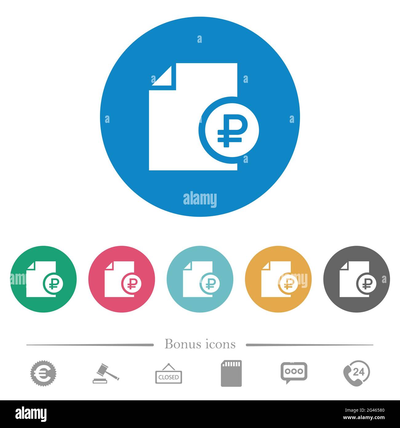 Ruble financial report flat white icons on round color backgrounds. 6 ...