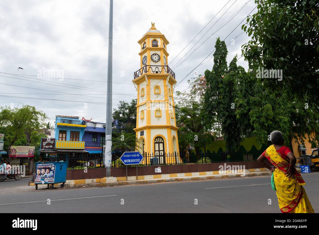 PONDICHERRY, INDIA June 2021 The clock tower on the ECR Stock Photo
