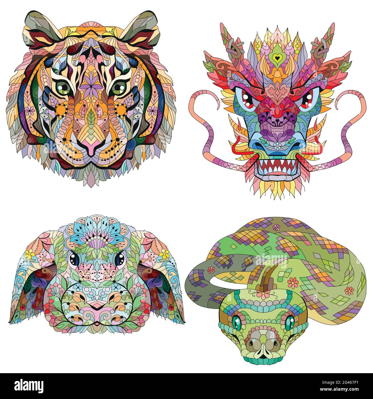 Head of tiger, dragon, rabbit and snake heads. Zentangle styled for t-shirt design, tattoo and other decorations Stock Vector