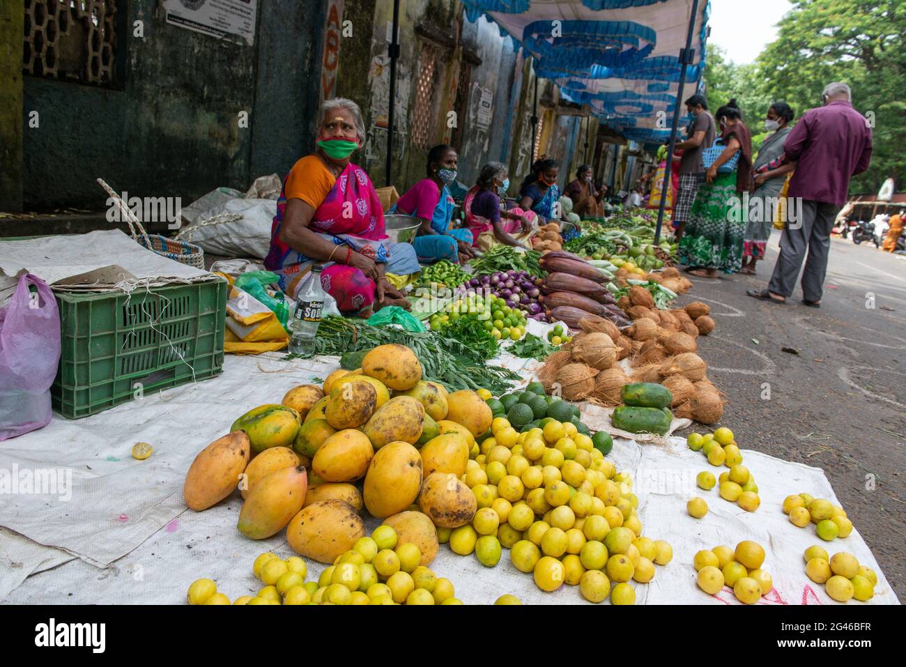 PONDICHERRY, INDIA June 2021 Fruit and vegetables market during the lockdown caused by corona