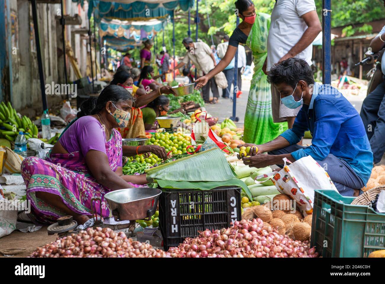 PONDICHERRY, INDIA - June 2021: Fruit and vegetables market during the lockdown caused by corona. Stock Photo