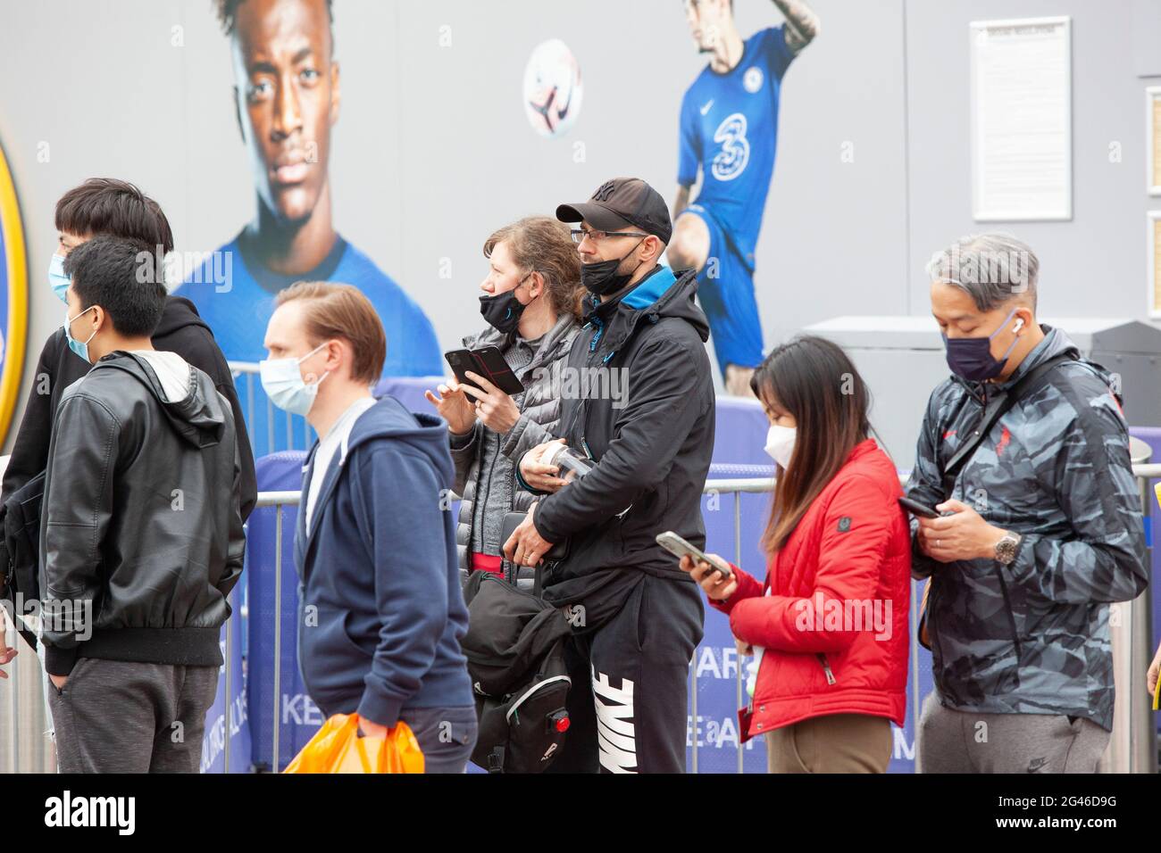 London, UK, 19 June 2021: A vaccination drive at Chelsea's Stamford Bridge Stadium hopes to boost the vaccination rates in London, which are below the national average of 80% of adults having had their first jab. All adults can now book an appointment or attend one of several pop-up walk-in vaccination centres. Anna Watson/Alamy Live News Stock Photo