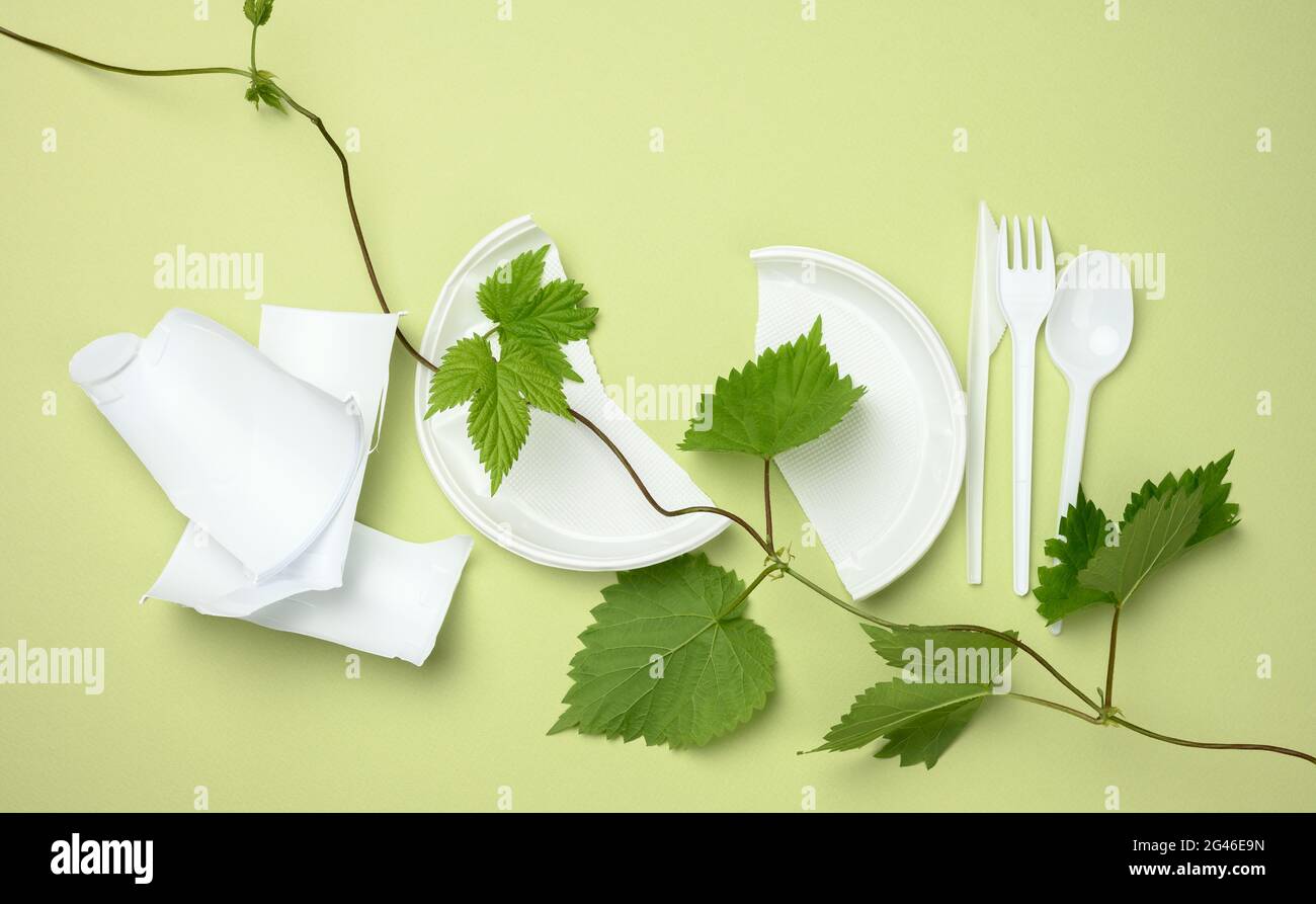 Broken white plastic plate, fork, knife and branch with green leaves on a green background. The concept of avoiding plastic, pre Stock Photo