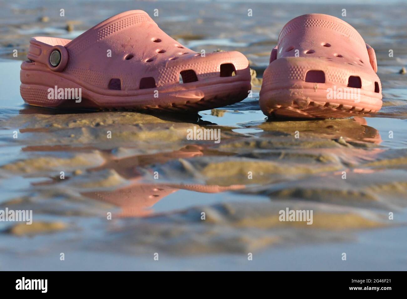A pair of pink beach shoes on the sand at low tide Stock Photo