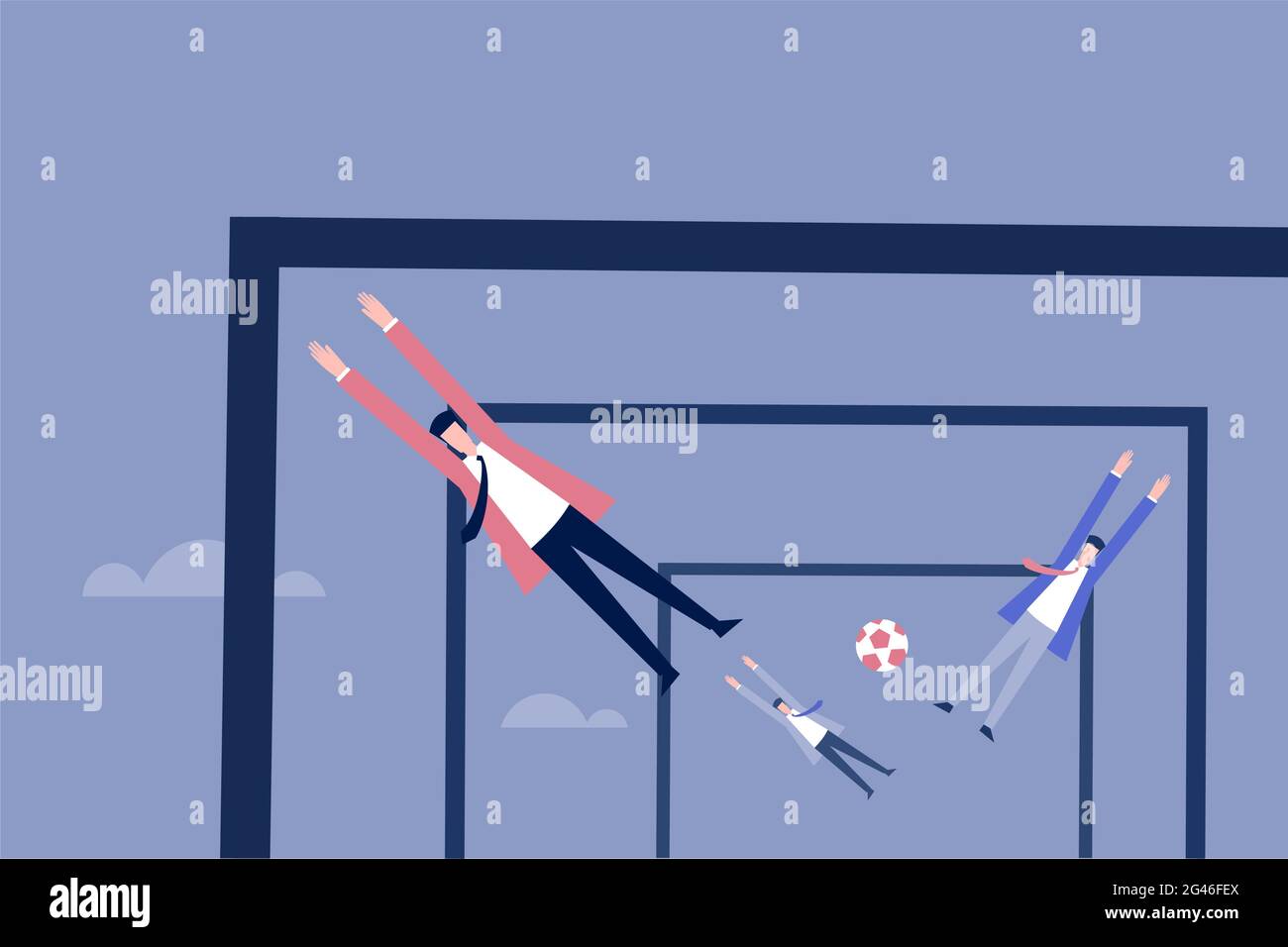 Conceptual Illustration Of Three Businessmen Jumping To Catch One Ball In Three Different Goal Posts Stock Vector Image Art Alamy