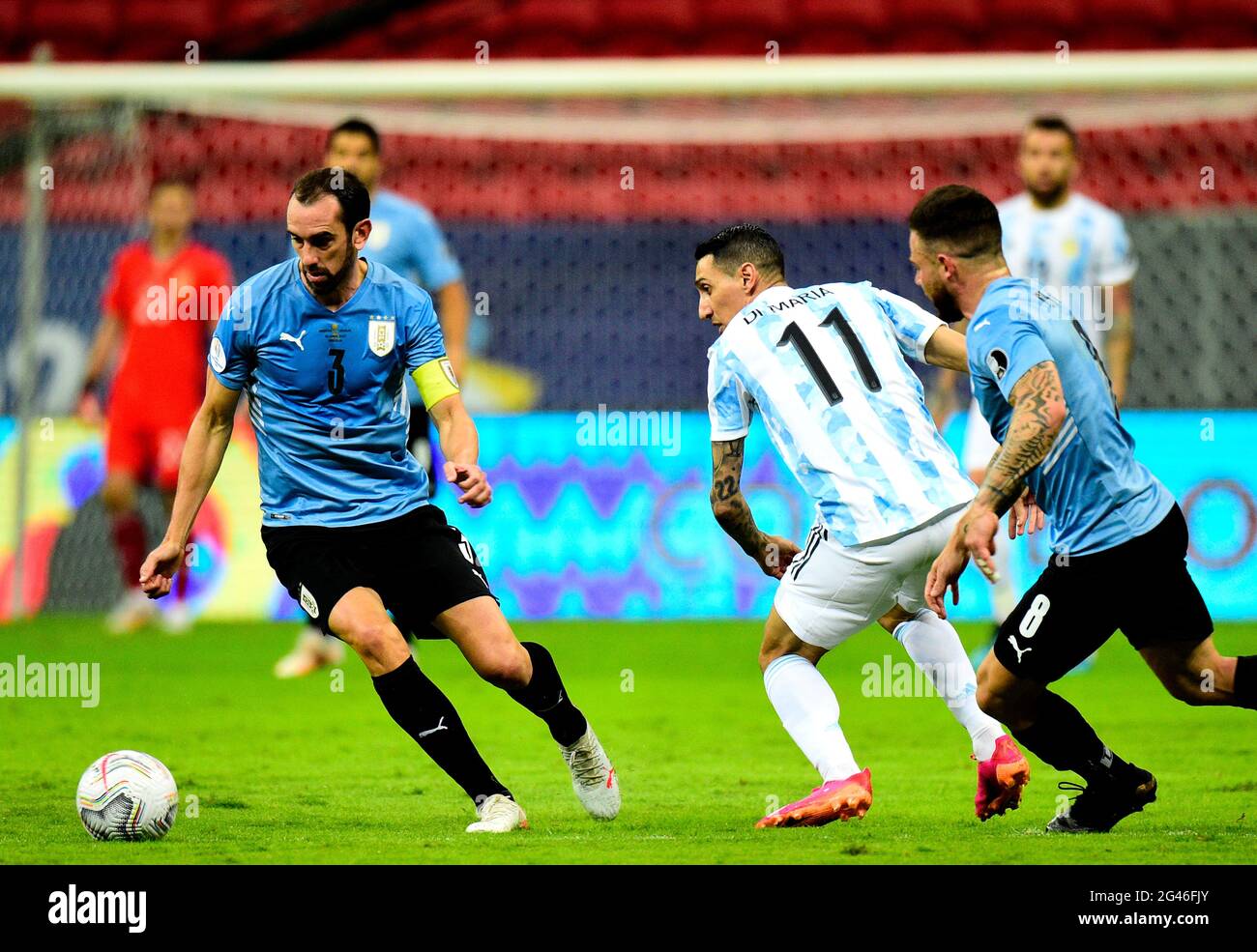 BRASILIA, BRAZIL - JUNE 18: Diego Godin of Uruguay competes for the ball with Angel Di Maria of Argentina ,during the match between Argentina and Uruguay as part of Conmebol Copa America Brazil 2021 at Mane Garrincha Stadium on June 18, 2021 in Brasilia, Brazil. (Photo by MB Media) Stock Photo