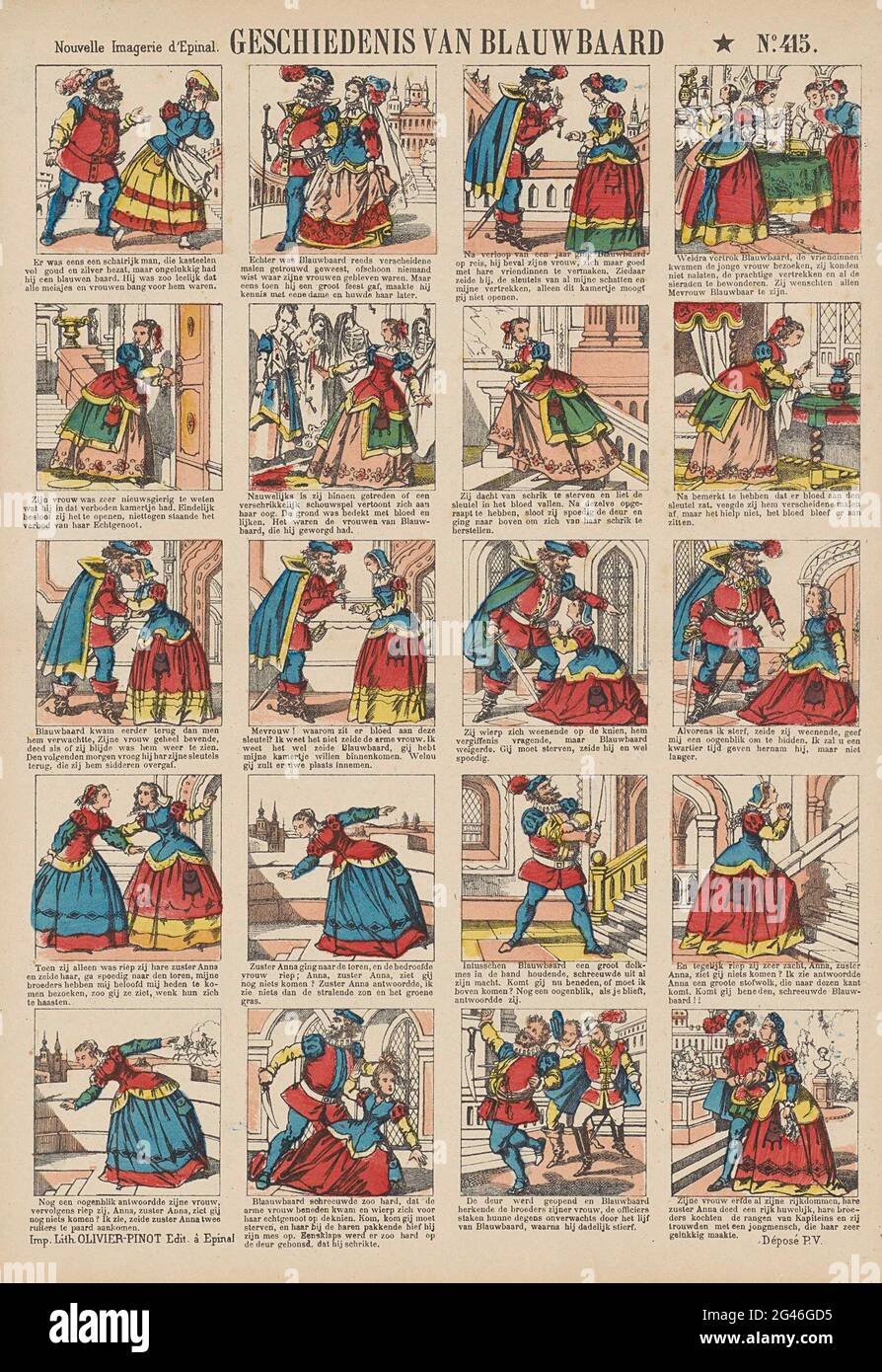 History of blue beard; Nouvelle Imagerie d'Epinal. Leaf with 16  performances from the fairy tale of blue beard. Under every performance a  caption in Dutch. Numbered at the top right: No. 415