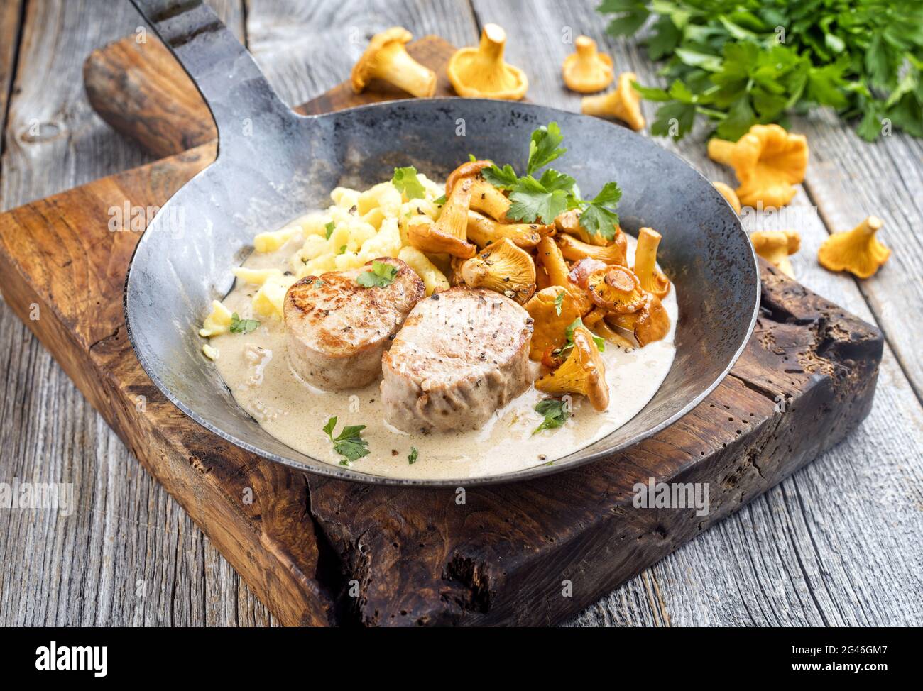 Modern style traditional barbecue pork filet medaillons in cream sauce