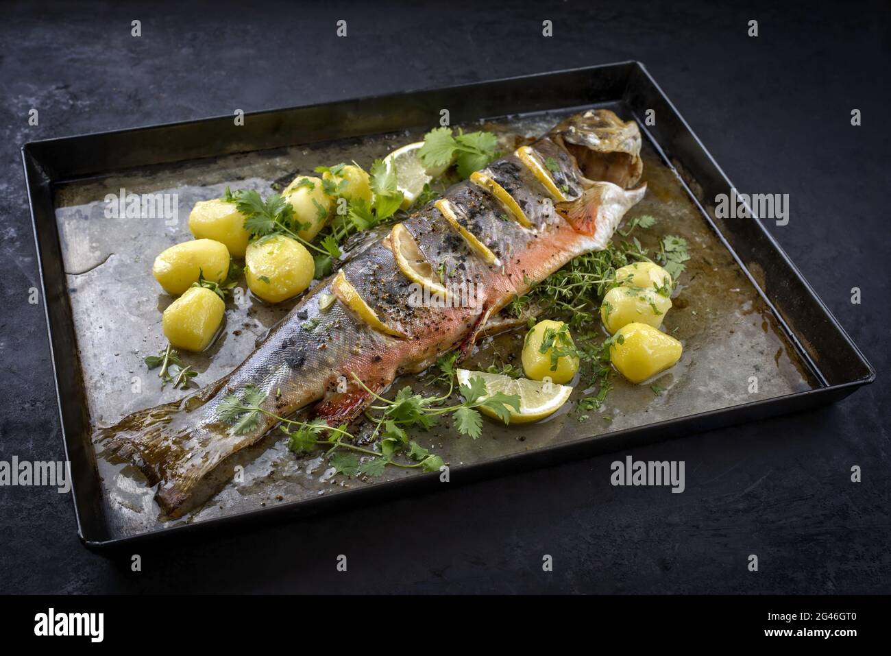 Traditional smoked and roasted char with boiled potatoes and lemon slices offered as close-up on a rustic metal tray Stock Photo
