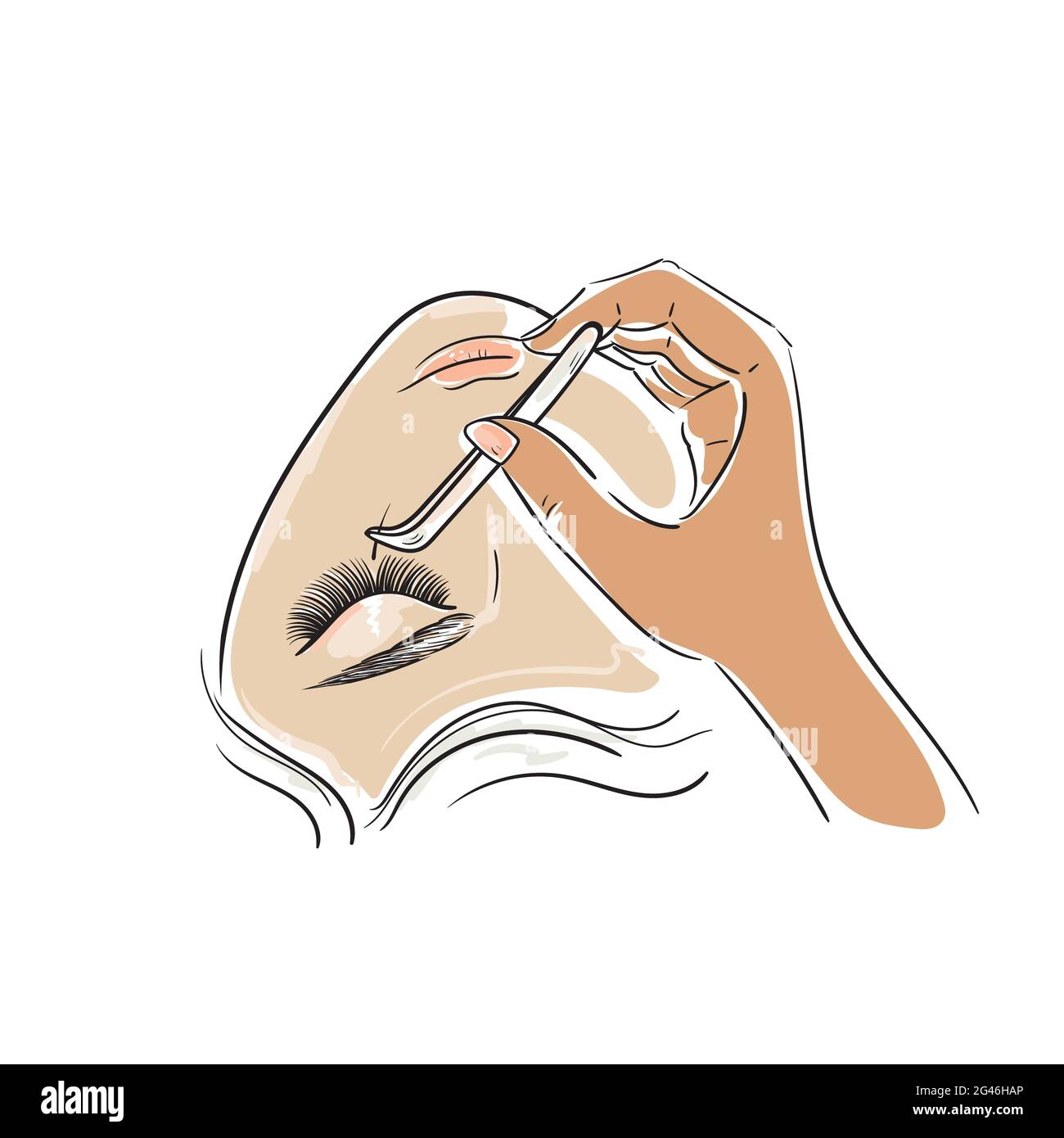 Woman face. Eyelash Extension. Procedure for eyelash extension. Master tweezers add the false or fake cilia to the client. Logo.Stock vector illustrat Stock Photo