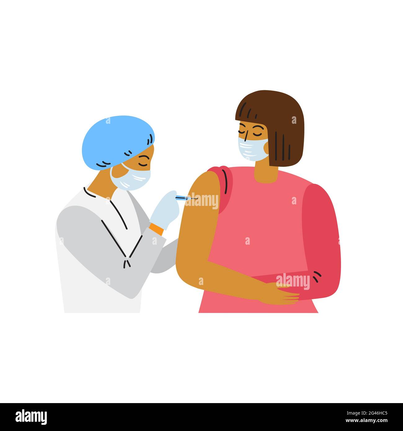Coronavirus vaccination, doctor,patient.Process of immunization against covid-19. Isolated flat vector illustration isolated on white background.Stock Stock Photo