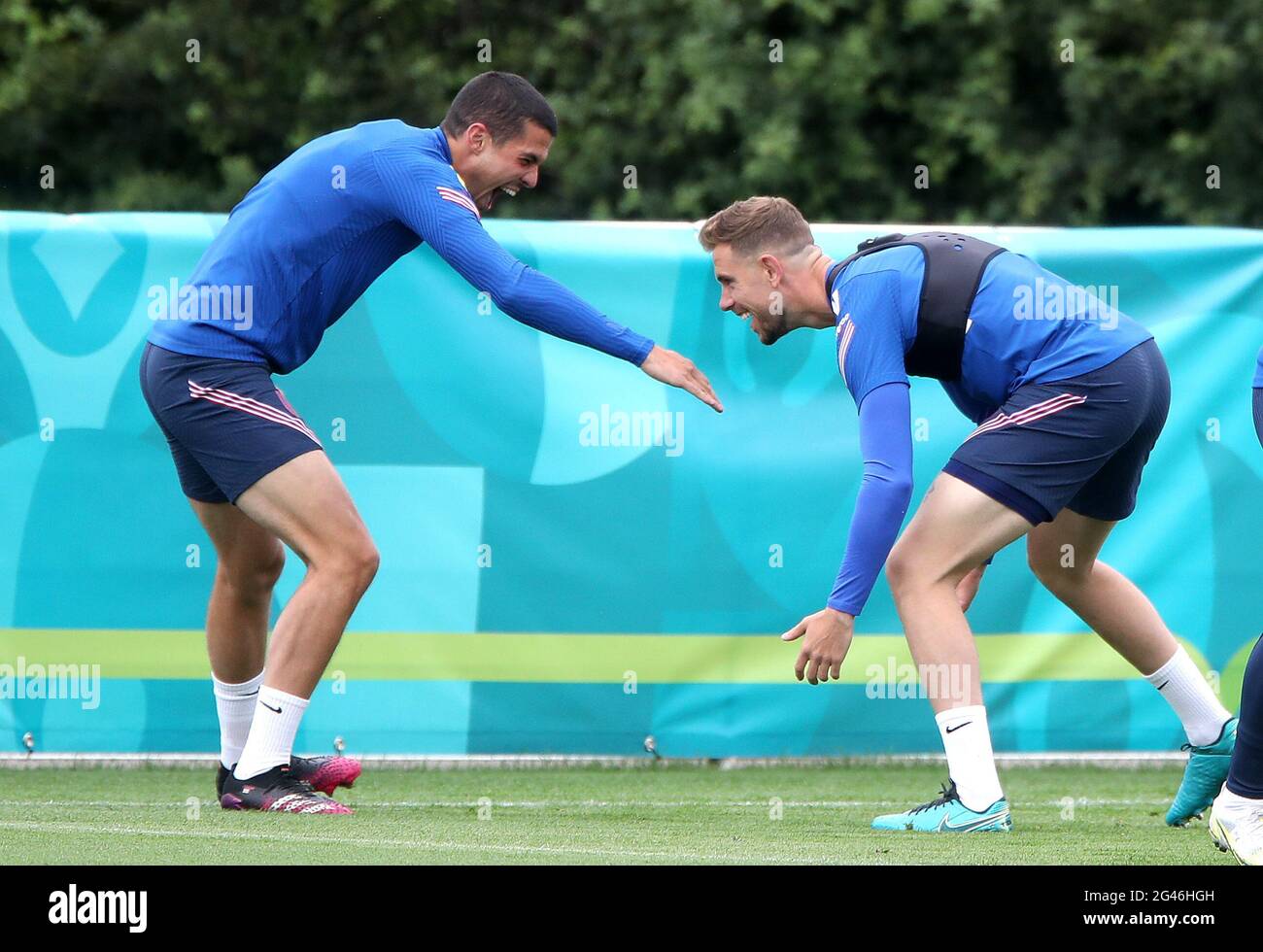 England's Jordan Henderson and Conor Coady (left) during the training session at Hotspur Way Training Ground, London. Picture date: Saturday June 19, 2021. Stock Photo