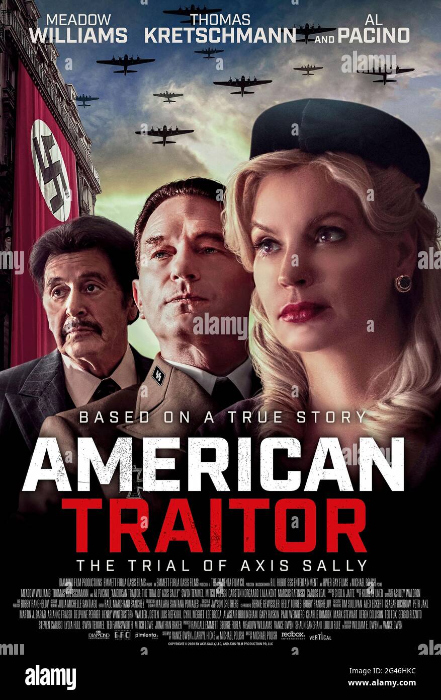 American Traitor: The Trial of Axis Sally (2020) directed by Michael Polish and starring Meadow Williams, Al Pacino and Carsten Norgaard. Based on the true story of Mildred Gillars, an American woman took part in the broadcast of Nazi propaganda during World War II where she was nicknamed Axis Sally and became the first woman to be tried for treason in the USA. Stock Photo