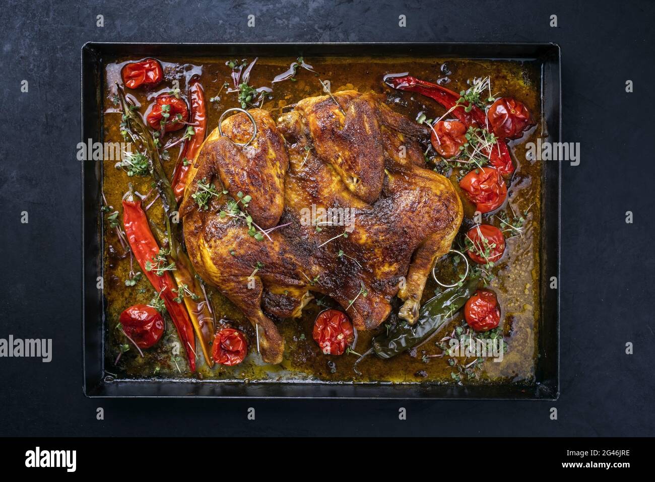 Traditional barbecue spatchcocked chicken al mattone chili with tomatoes and jalapeno served as top view on an old rustic metal Stock Photo