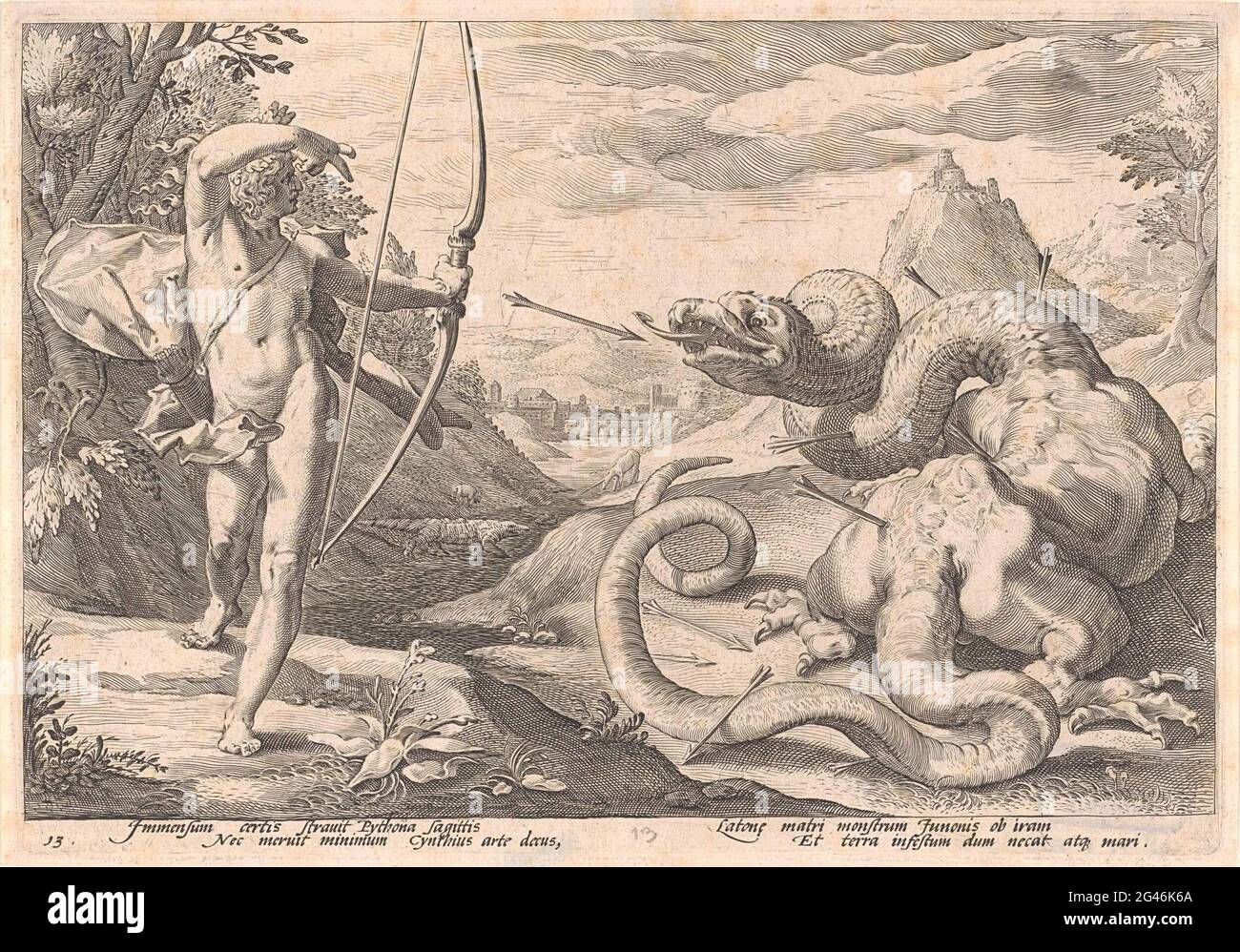 Apollo kills Python; Metamorphoses from Ovid. Apollo kills the snake python with many arrows (here as a dragon). In the undermarge a four-line explanation, in two columns, in Latin. Stock Photo