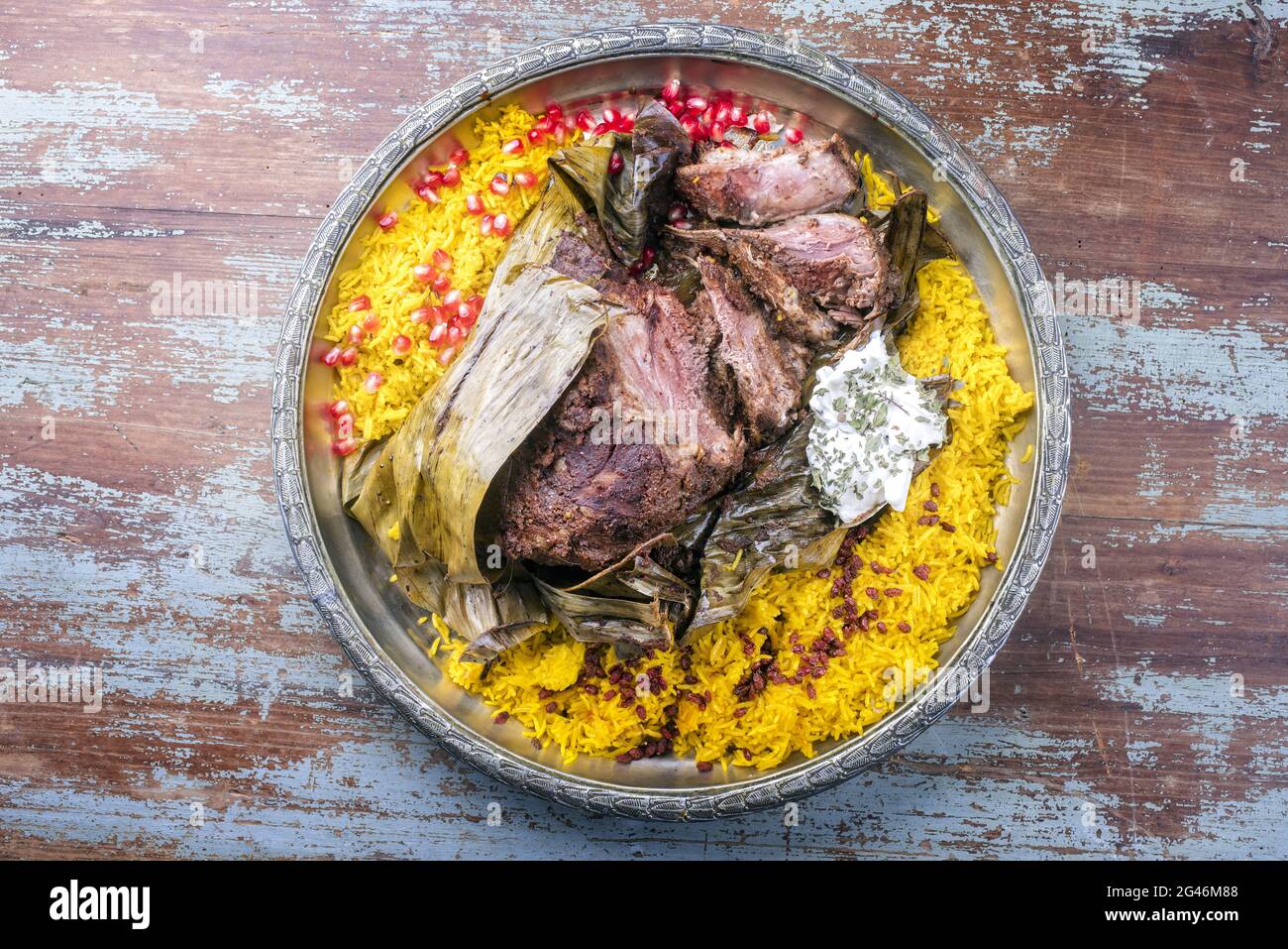 Slow cooked Omani lamb shuwa coated in rub of spices and wrapped in