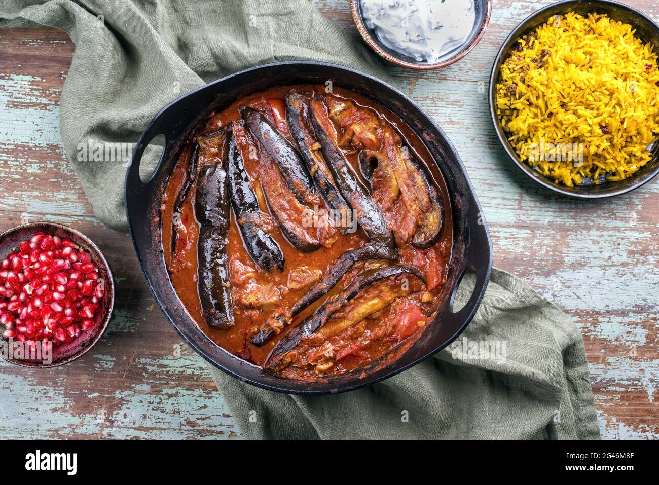 Modern style slow cooked Persian lamb eggplant stew khoresh bademjan