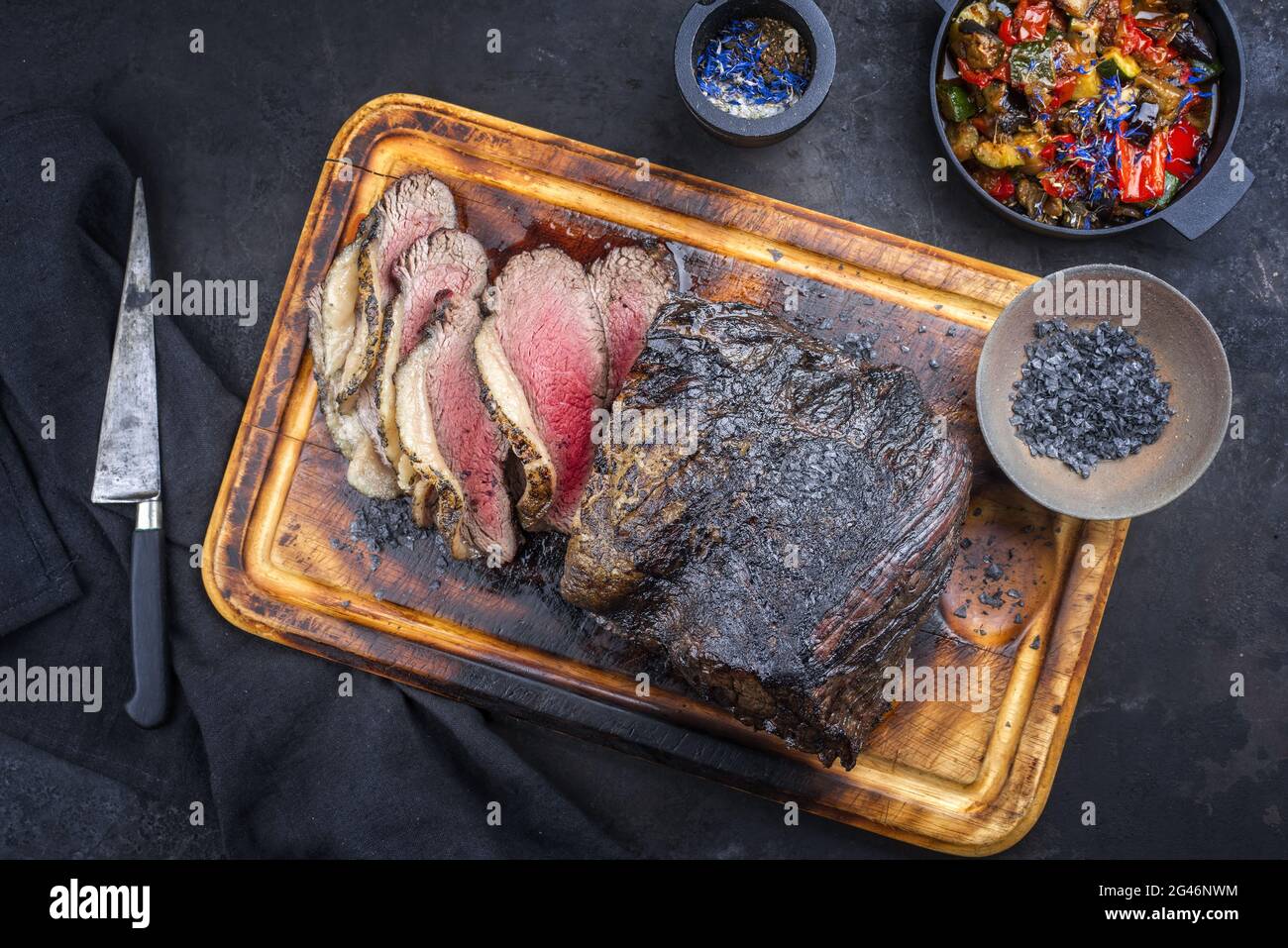 Shiro Kin Rump Cap Traditional barbecue smoked wagyu sirloin cap of rump beef sliced and ...