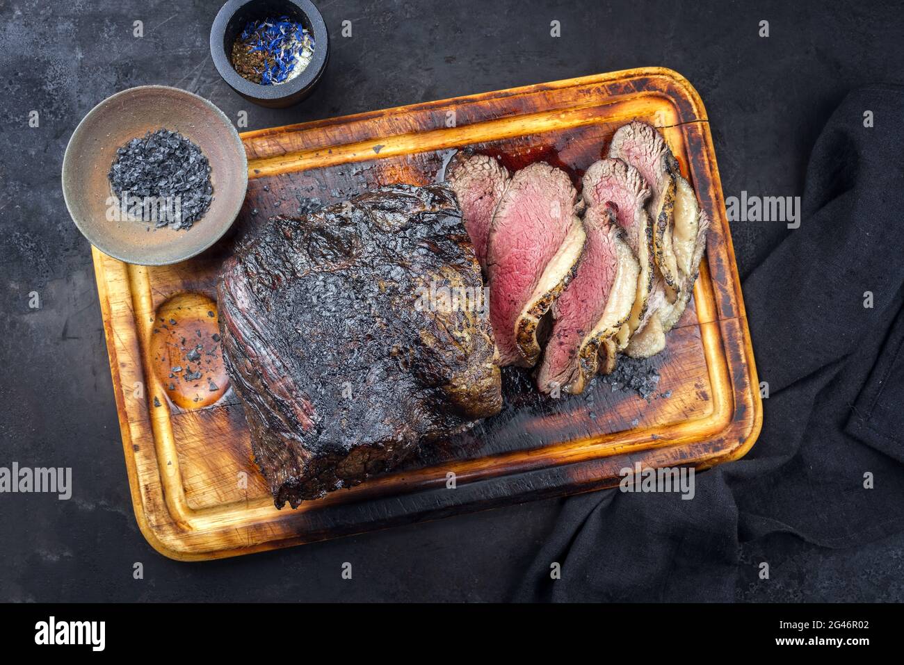 Shiro Kin Rump Cap Traditional barbecue smoked wagyu sirloin cap of rump beef sliced and ...