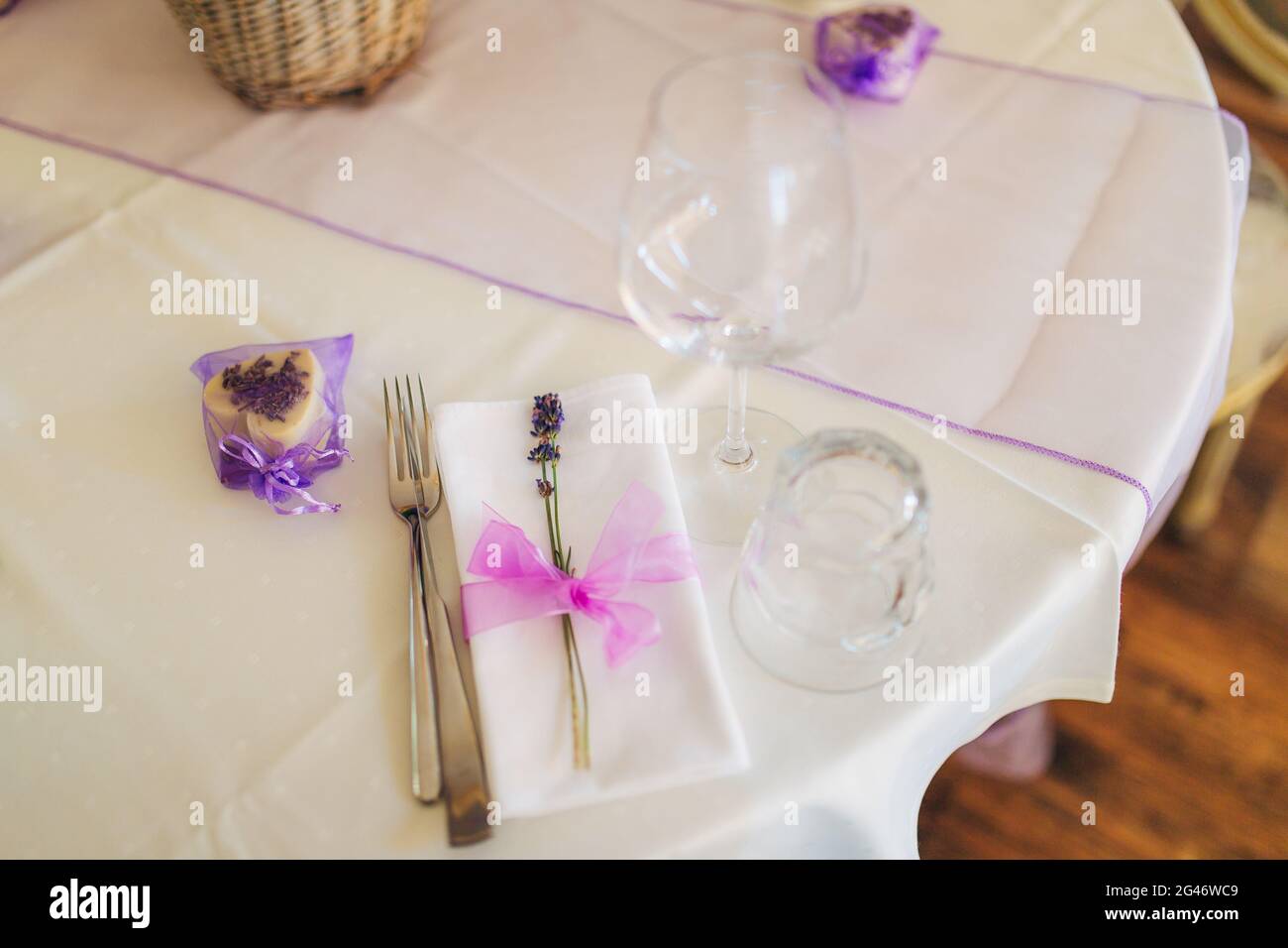 Wedding table setting at a banquet. Stock Photo