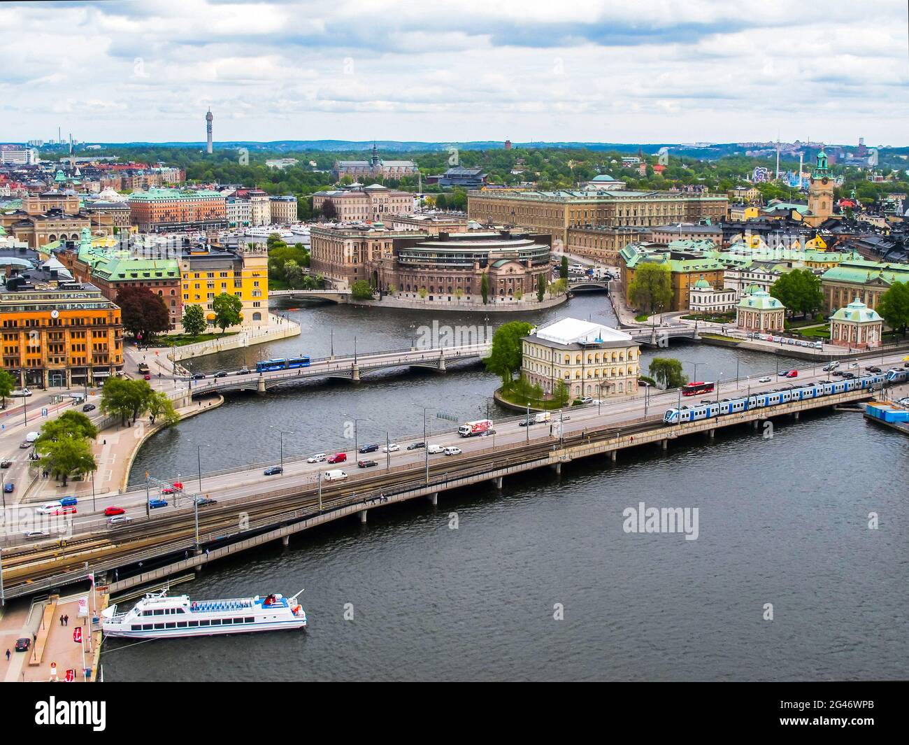 Sweden Stockholm. Wonderful aerial panorama from observation deck on tower City Hall to Gamla Stan (Old Town) Stock Photo