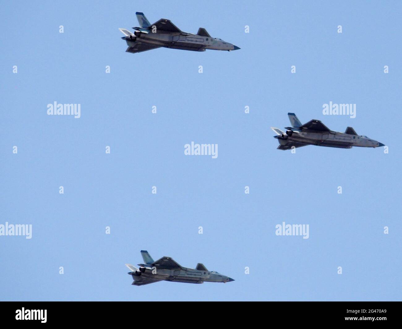 Beijing, China. 19th June, 2021. Chengdu J-20 stealth planes fly over Beijing on June 19, 2021, during a rehearsal for a July event to celebrate the Chinese Communist Party's 100th anniversary. (Kyodo)==Kyodo Photo via Credit: Newscom/Alamy Live News Credit: Newscom/Alamy Live News Stock Photo