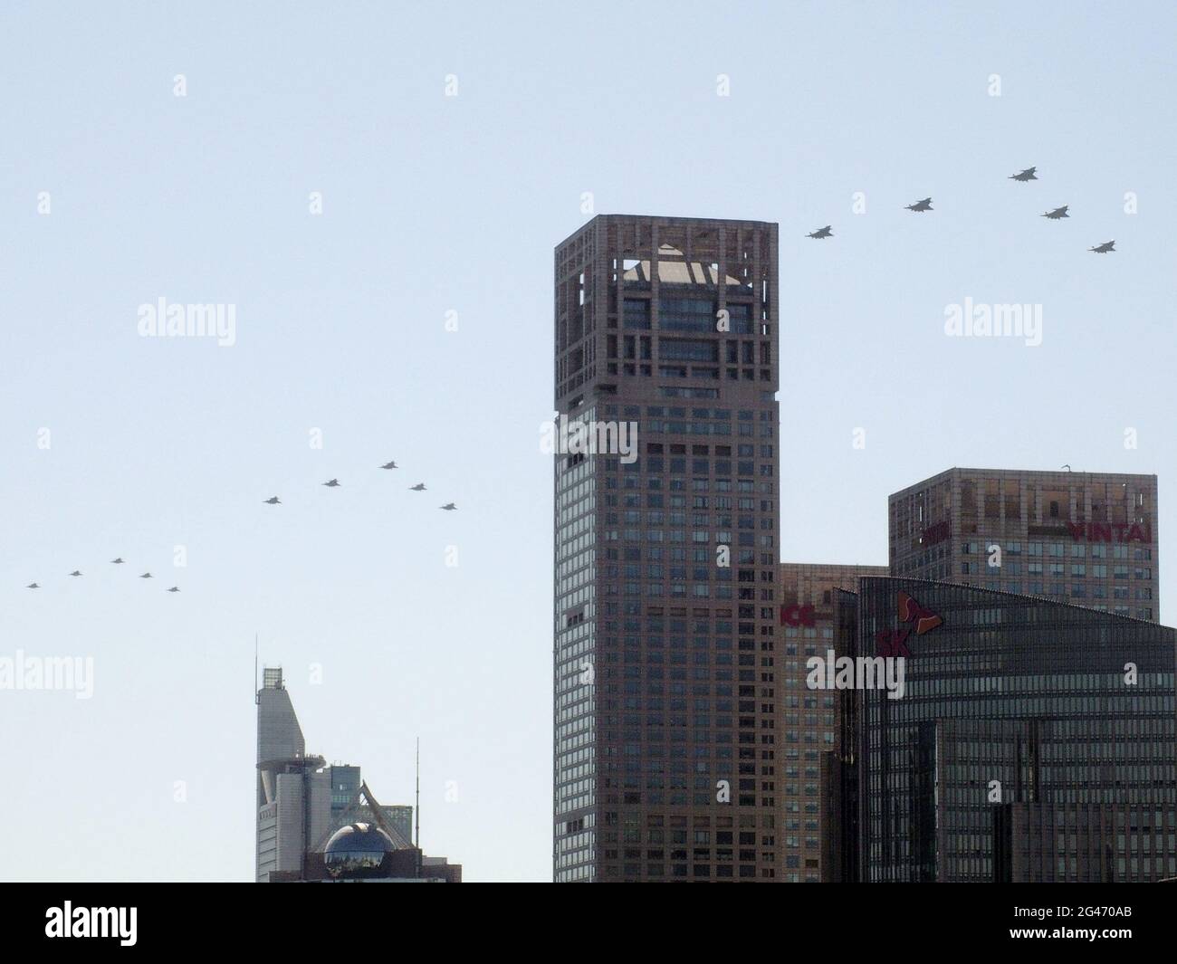 Beijing, China. 19th June, 2021. Chengdu J-20 stealth planes fly over Beijing on June 19, 2021, during a rehearsal for a July event to celebrate the Chinese Communist Party's 100th anniversary. (Kyodo)==Kyodo Photo via Credit: Newscom/Alamy Live News Credit: Newscom/Alamy Live News Stock Photo