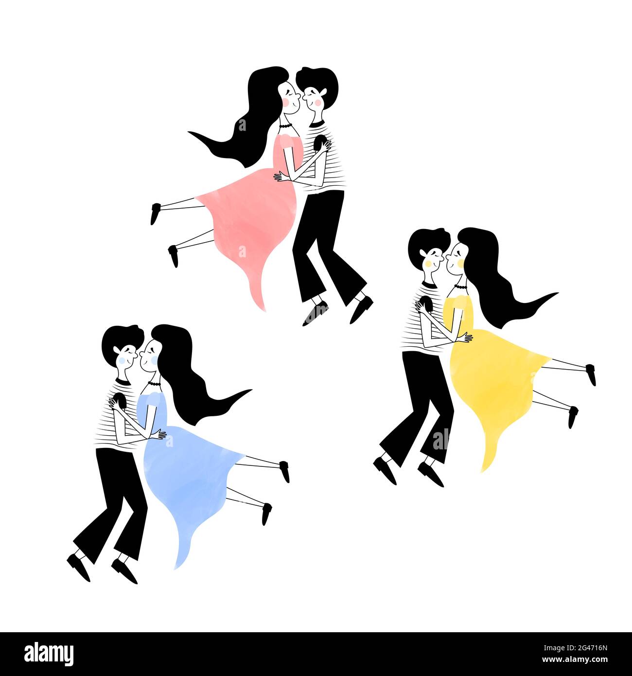 Set of dancing couples. Young people circling in a waltz. The guy throws the girl in his arms. Support in Latin dances. Simple minimal cartoon illustr Stock Vector