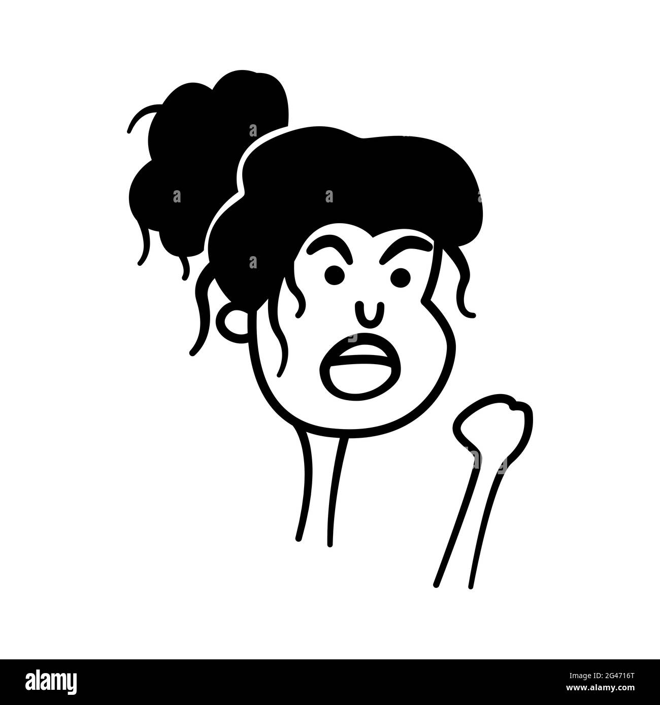 Cartoon comic black and white portrait of a woman. Funny emotional face of a girl. Anger, screaming, resentment and threats. Simple minimal illustrati Stock Vector
