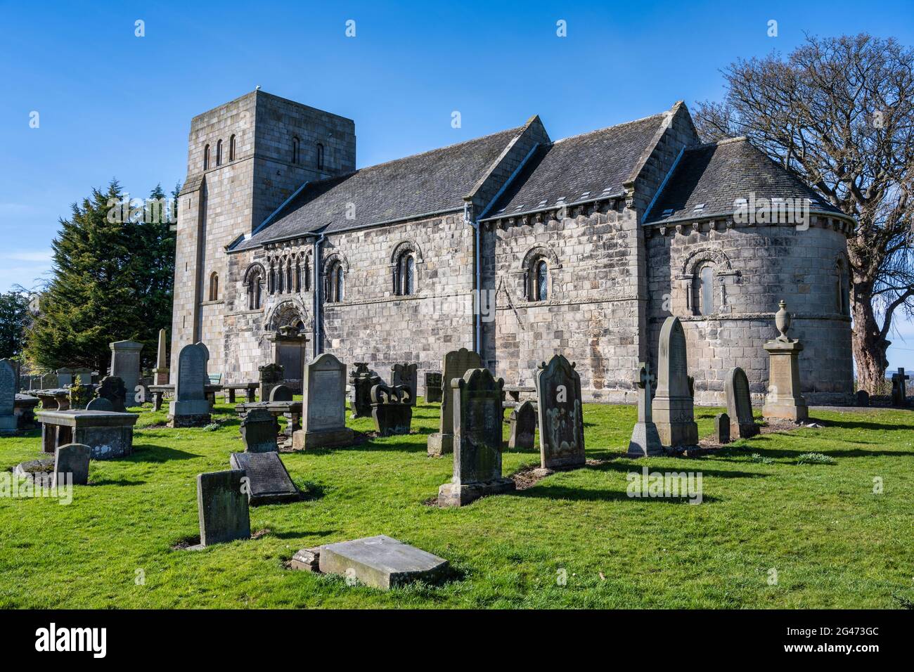 St Cuthbert’s Parish Church in Dalmeny Village near South Queensferry in Scotland, UK Stock Photo