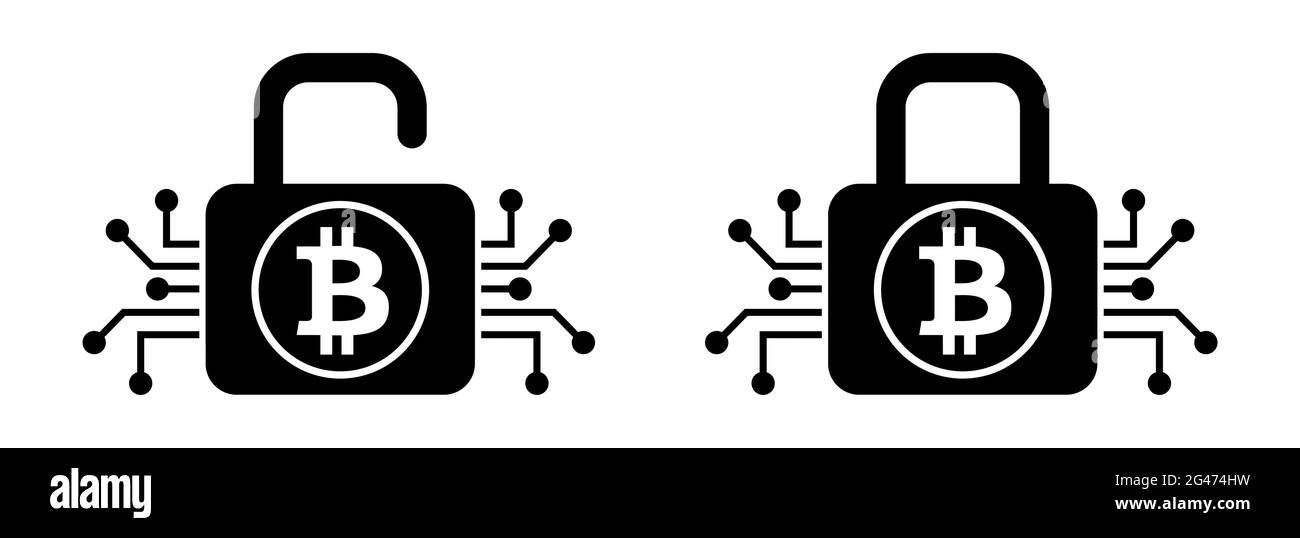 Bitcoin security lock open and closed cryptocurrency for digital security encryption cryptocurrency vector illustration icons Stock Vector