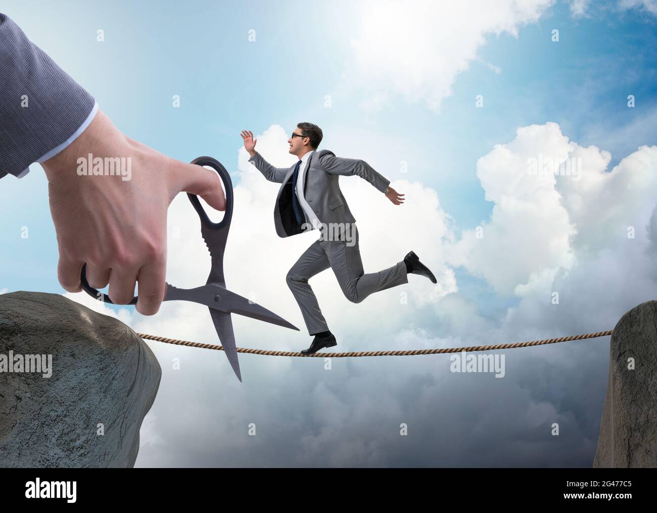 Cutting Through Ropes The hand cutting the rope under businessman tightrope walker Stock ...