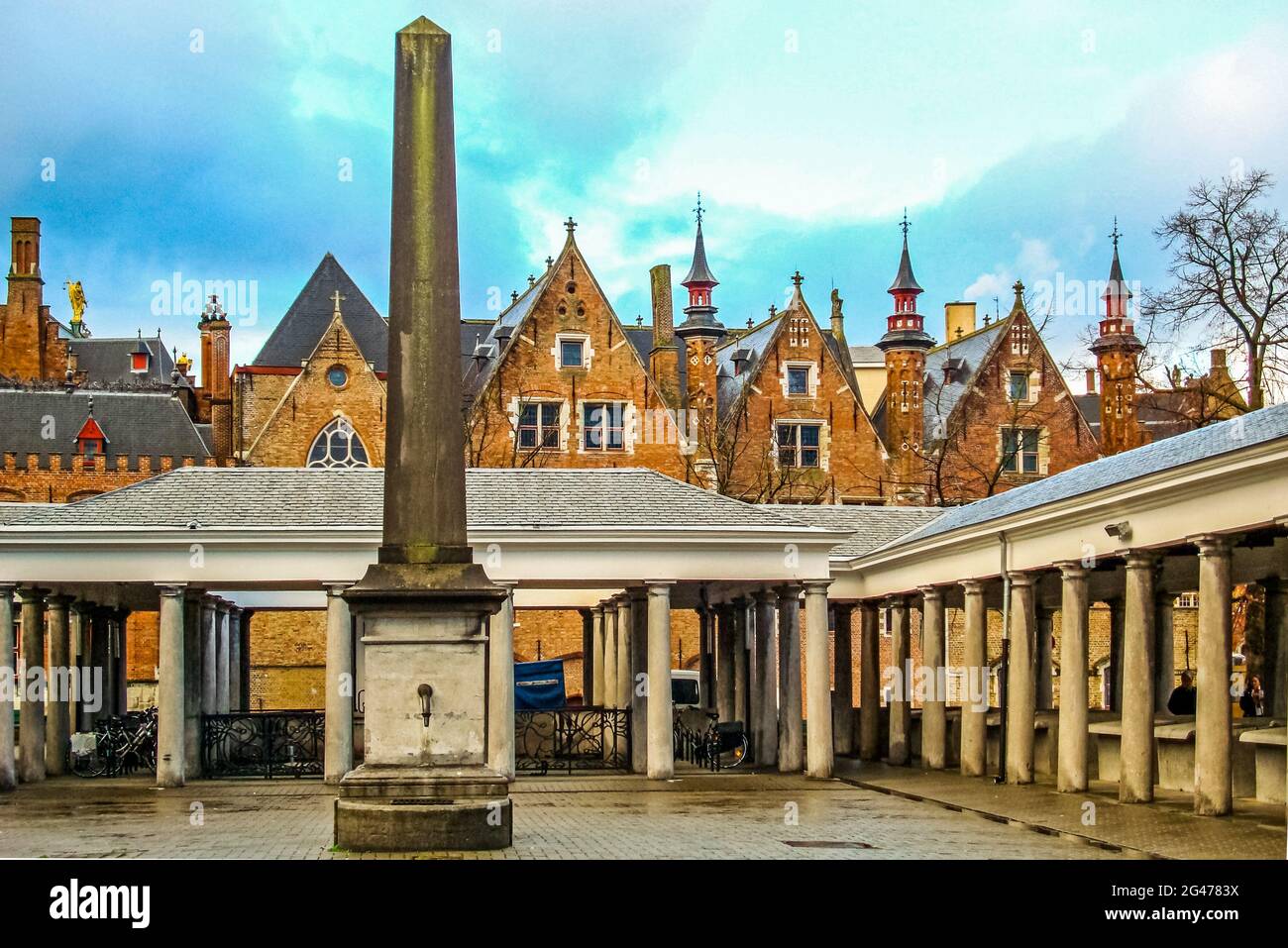 Old Fish Market called Vismarkt and medieval historical buildings of Bruges Belgium Stock Photo