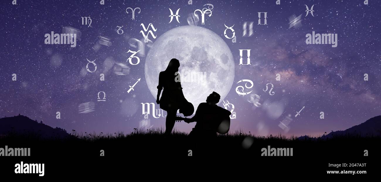 Astrological zodiac signs inside of horoscope circle. Couple singing ...