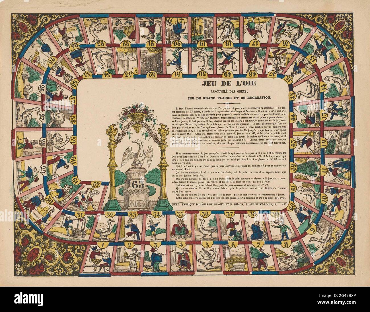 Goose Board Grand Jeu De L Oie Goose Board Game With A Spiral With 63 Numbered Boxes In The Boxes Of Geese And Figures Performances In The Middle Box The Rules And Title