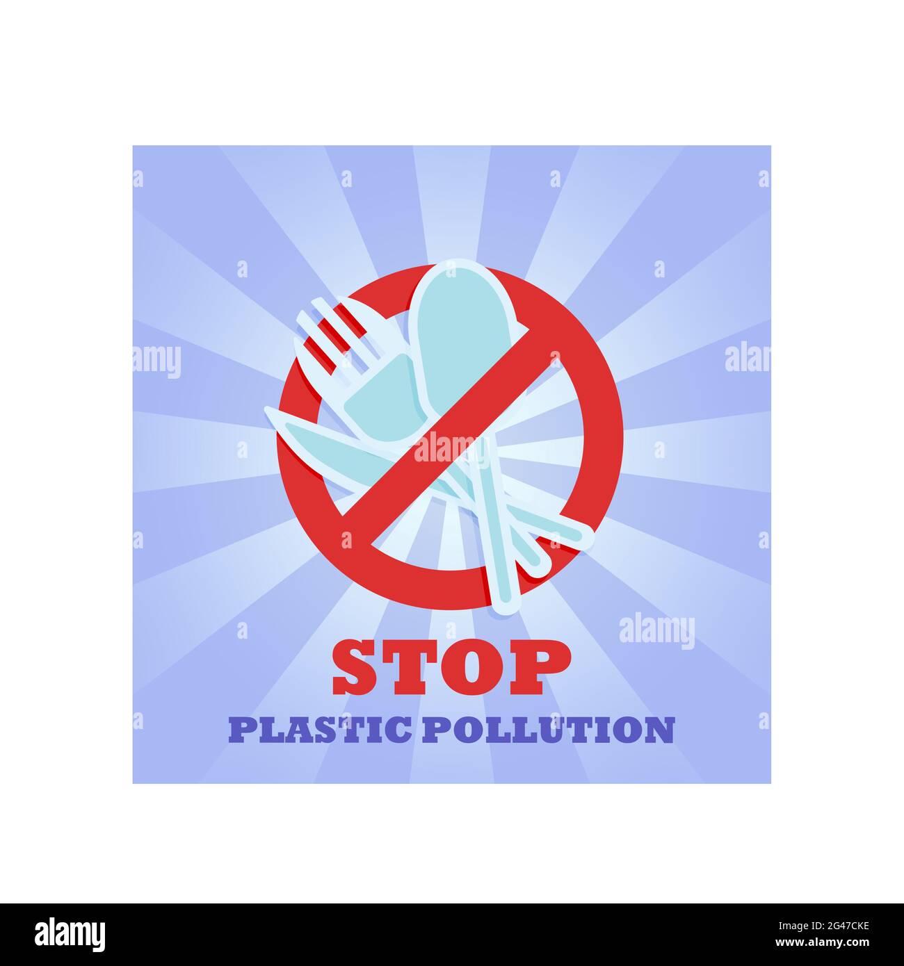 Plastic spoon knife and fork. Prohibition sign. No symbol. Banner. Stop plastic pollution. Stock Vector