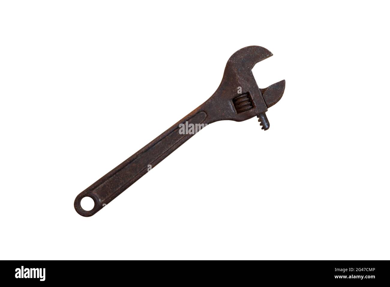 Old rusty adjustable wrench isolated on a white background. Work concept. Stock Photo