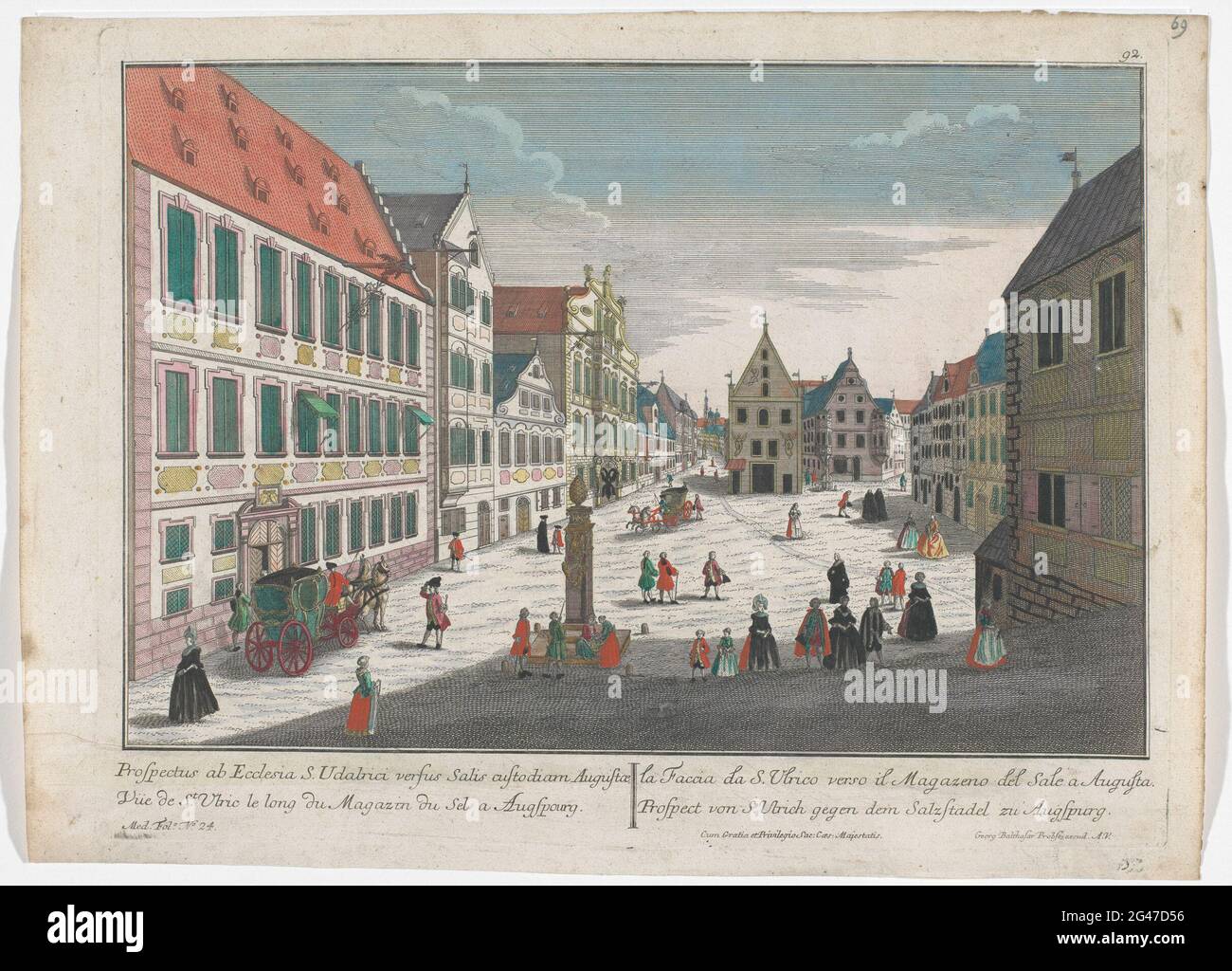 View of the Ulrichsplatz in Augsburg; Prospect von S. Ulrich gegen Dem Salzstadel Zu Augsburg; Augsburg. The Salzstad is in the middle. In the background the town hall and the pertleurm. Leged at the top right: 92. Left number numbered: 24. Stock Photo