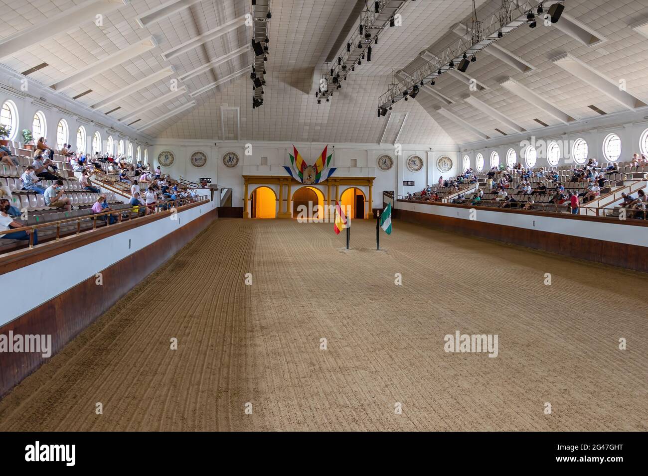 Jerez de la Frontera, Cádiz, Spain - June 17, 2021: Riding hall of the Royal Andalusian School of Equestrian Art Foundation, Where the exhibition How Stock Photo